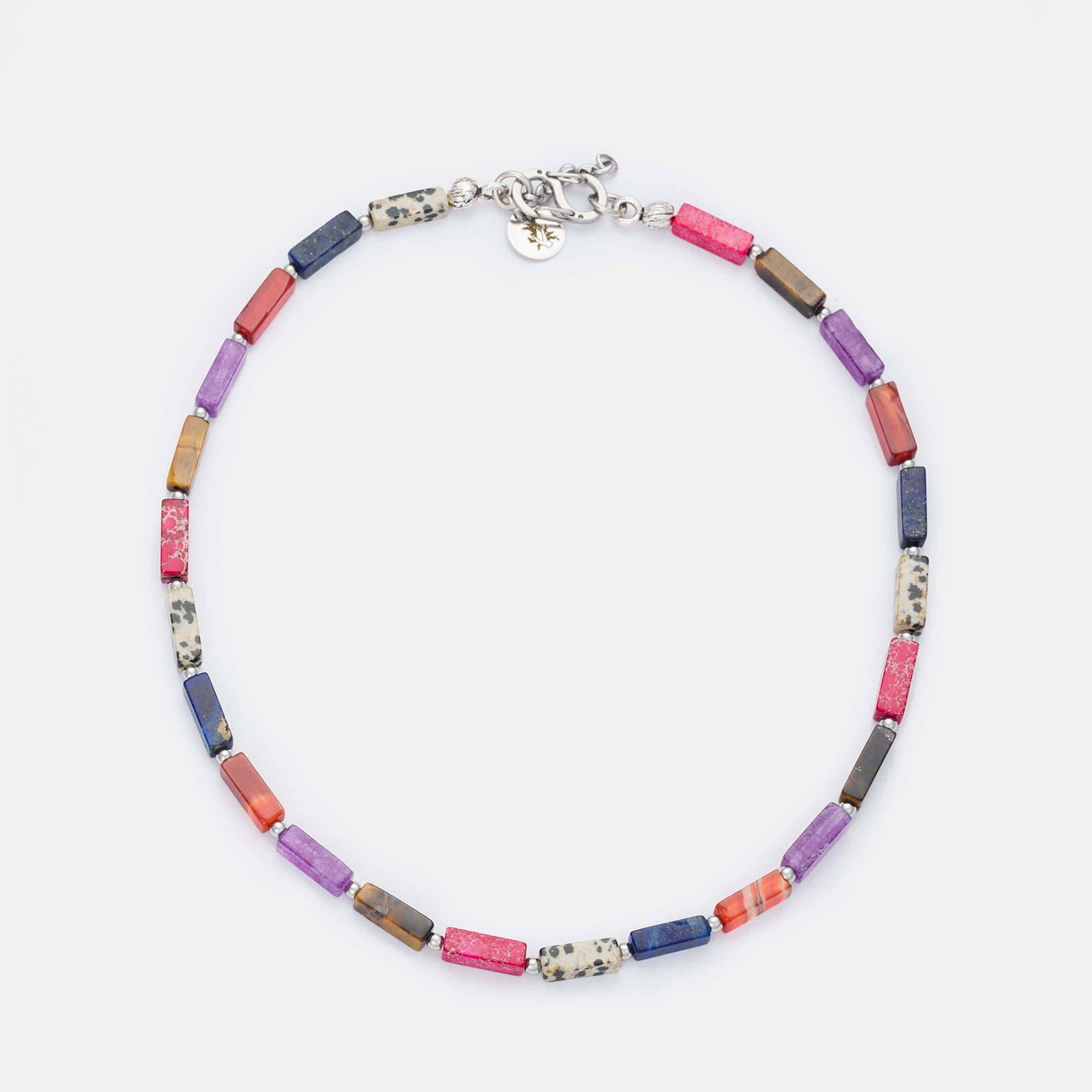 Color Harmony Necklace with Tiger Eye, Amethyst, Lapis Lazuli, Red Agate, Dalmatian Jasper, and Imperial Jasper