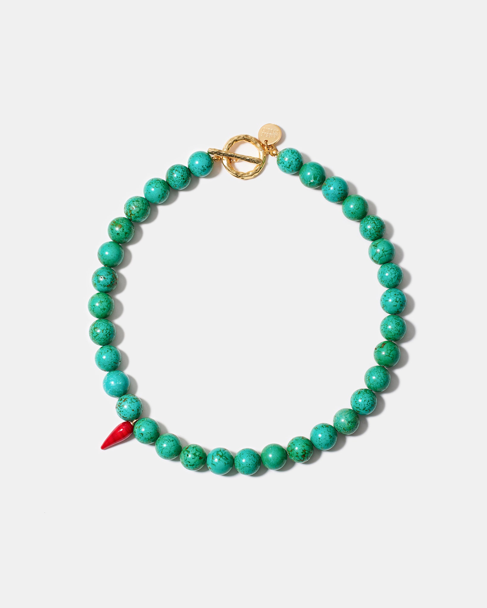 Turquoise bead necklace with handmade red glass chili pepper charm