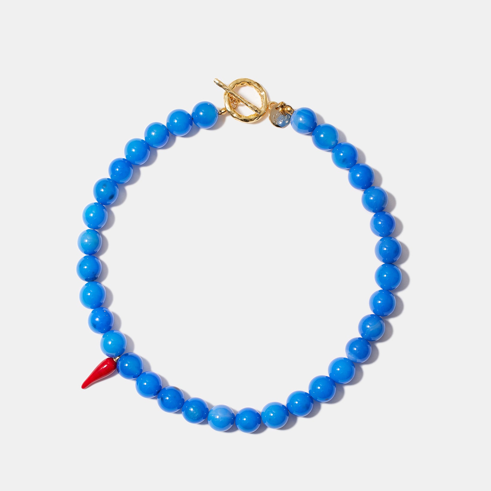 Blue agate bead necklace with handmade red glass chili pepper charm