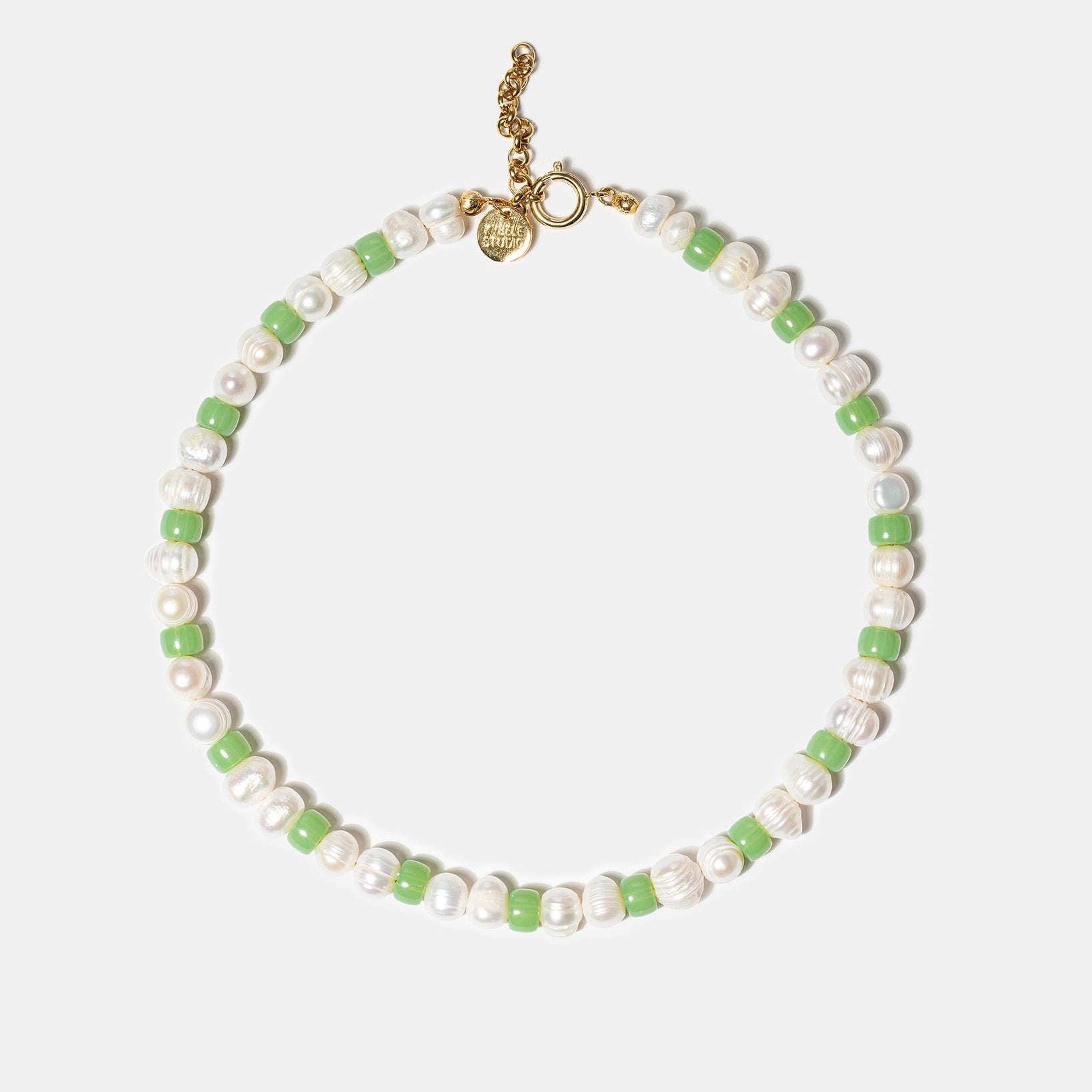 Green freshwater pearl necklace with glass beads