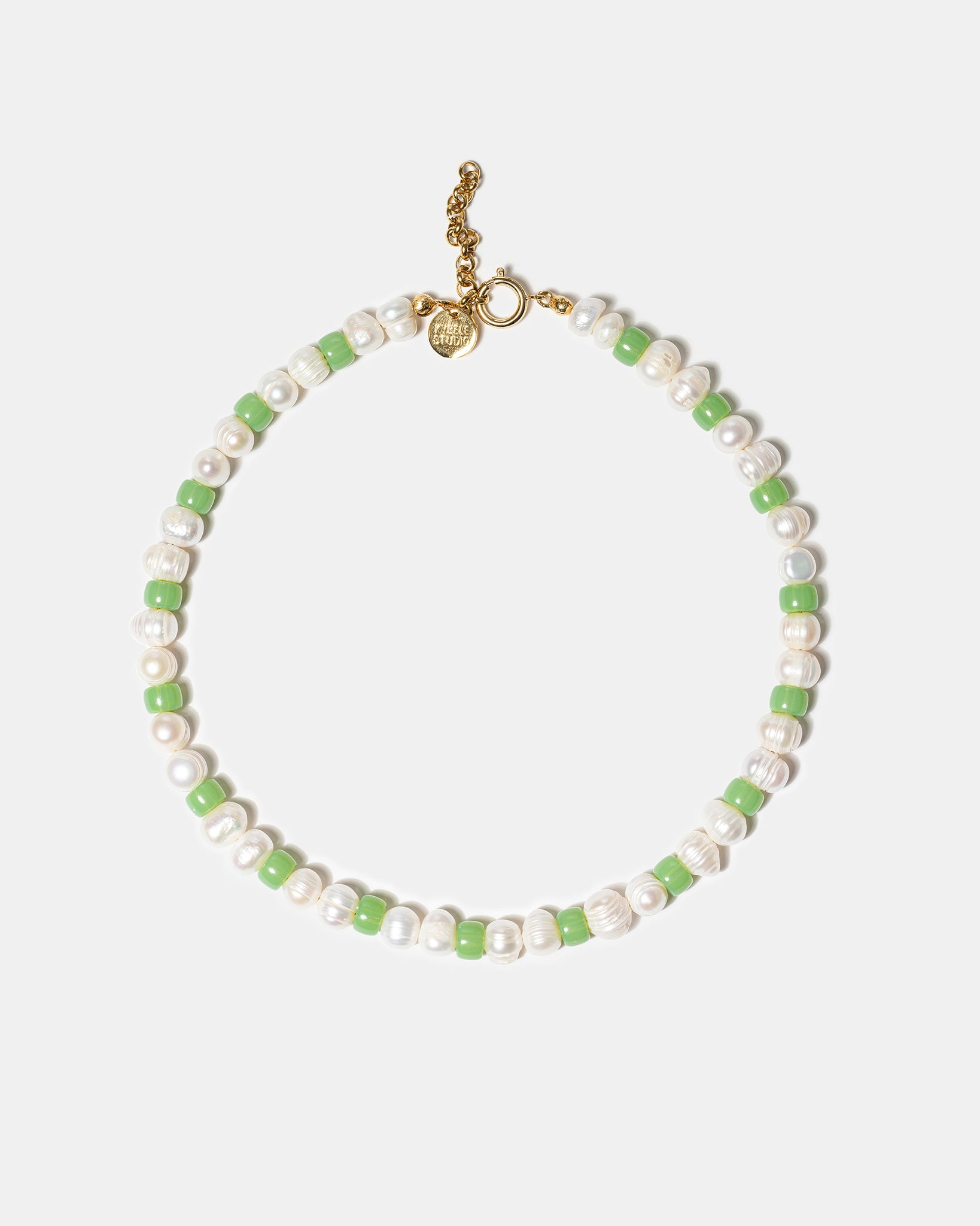 Green freshwater pearl necklace with glass beads