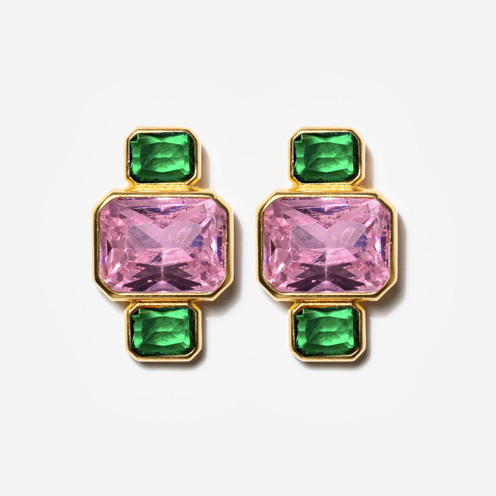 Gold geometric stud earrings with pink and green gemstones