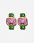 Gold geometric stud earrings with pink and green gemstones