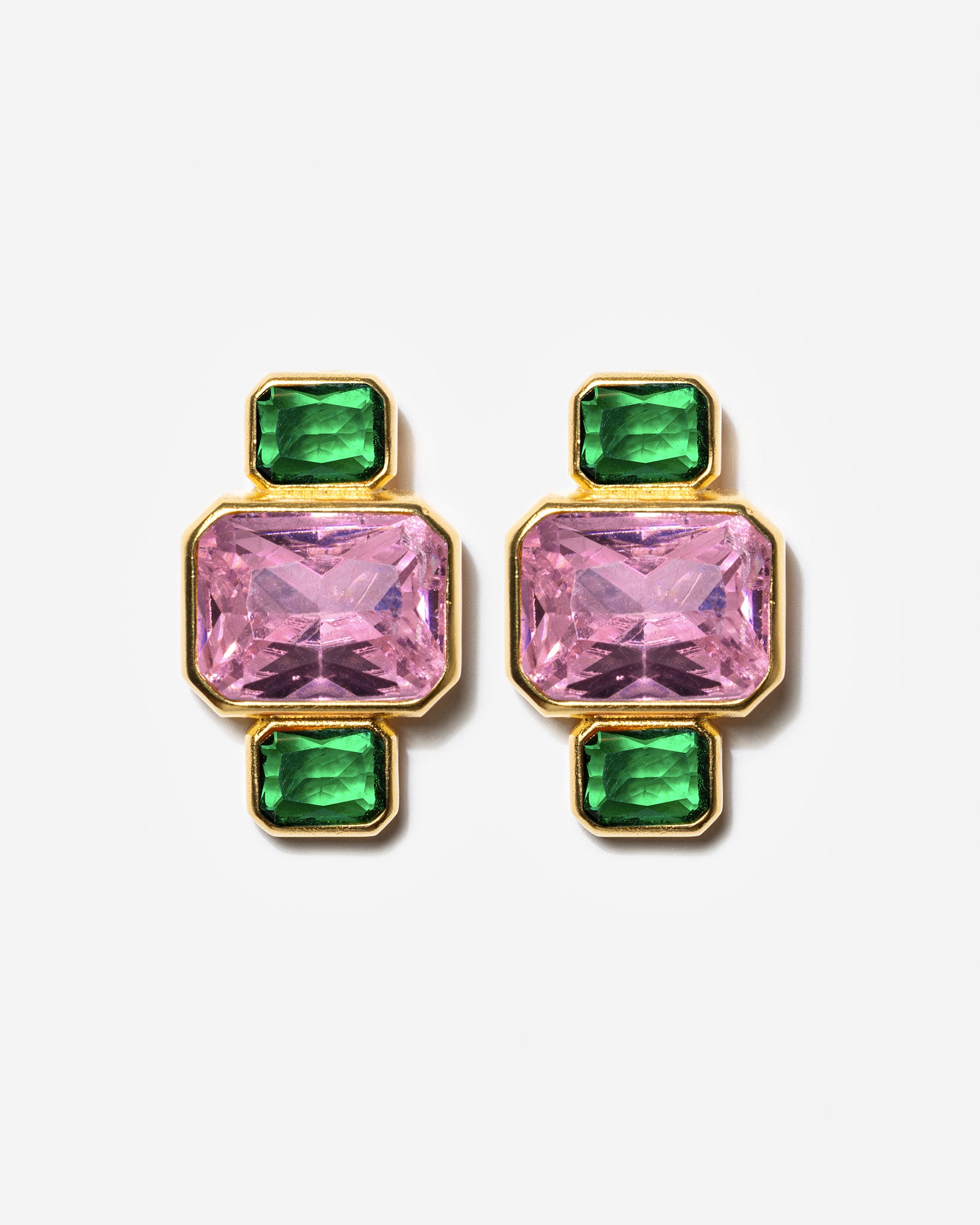 Gold geometric stud earrings with pink and green gemstones
