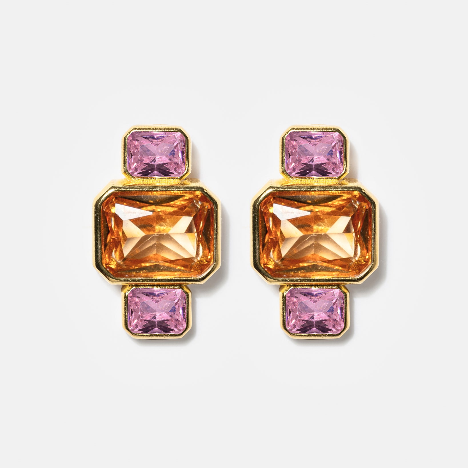 Gold geometric stud earrings with pink and amber gemstones