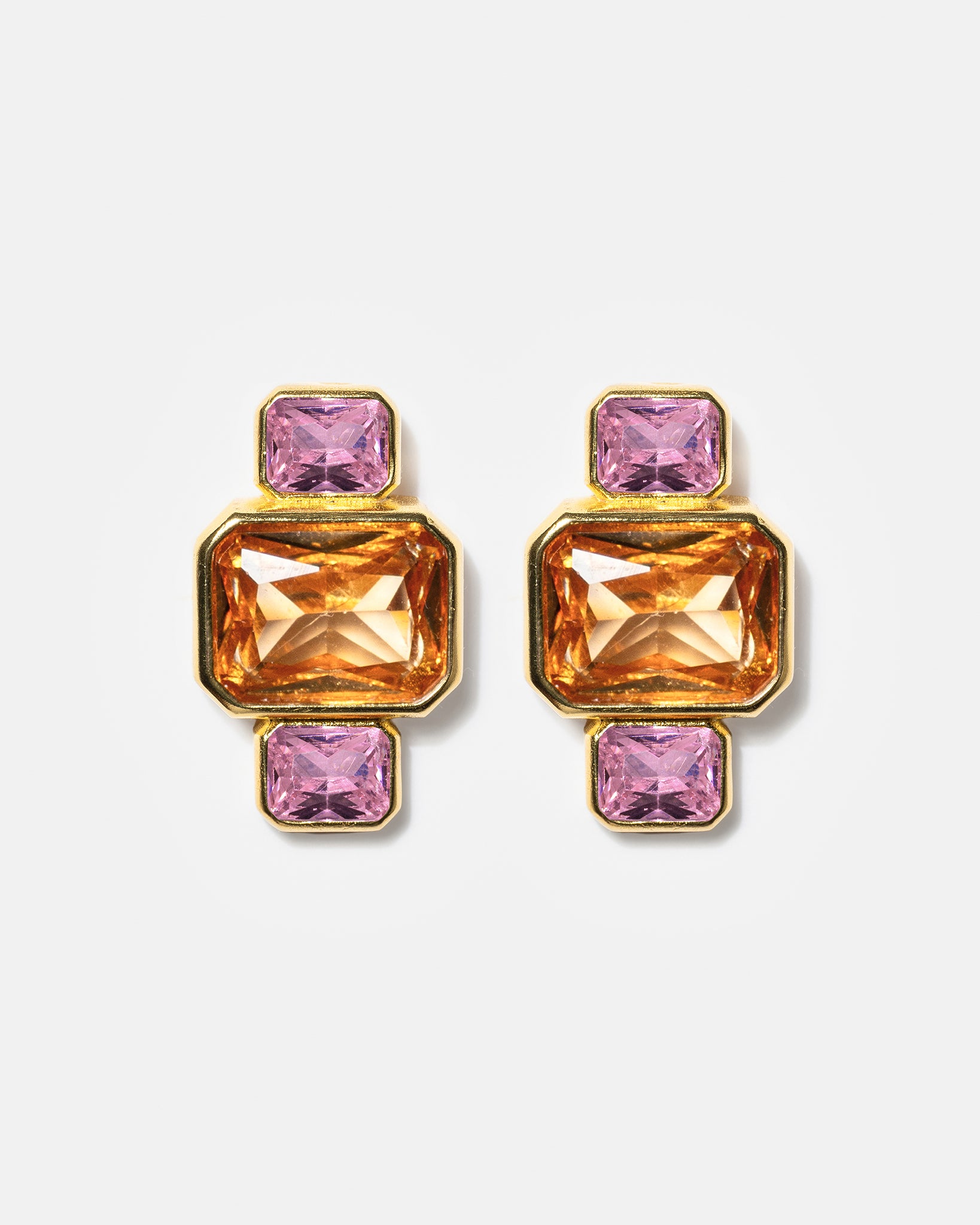 Gold geometric stud earrings with pink and amber gemstones