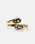 Gold open ring with black and lavender oval gemstones