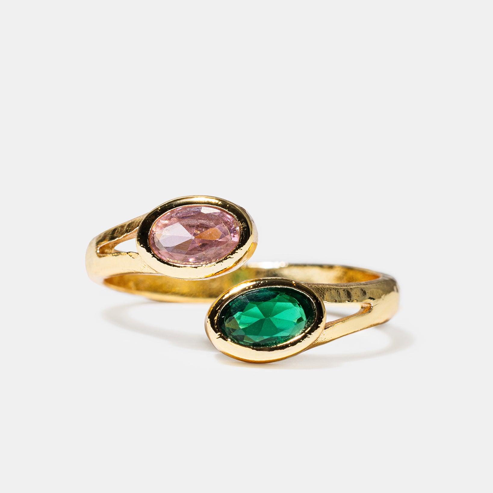 Gold open ring with pink and green oval gemstones