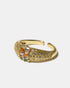 Side view of gold pavé stardust ring with multicolor gemstones