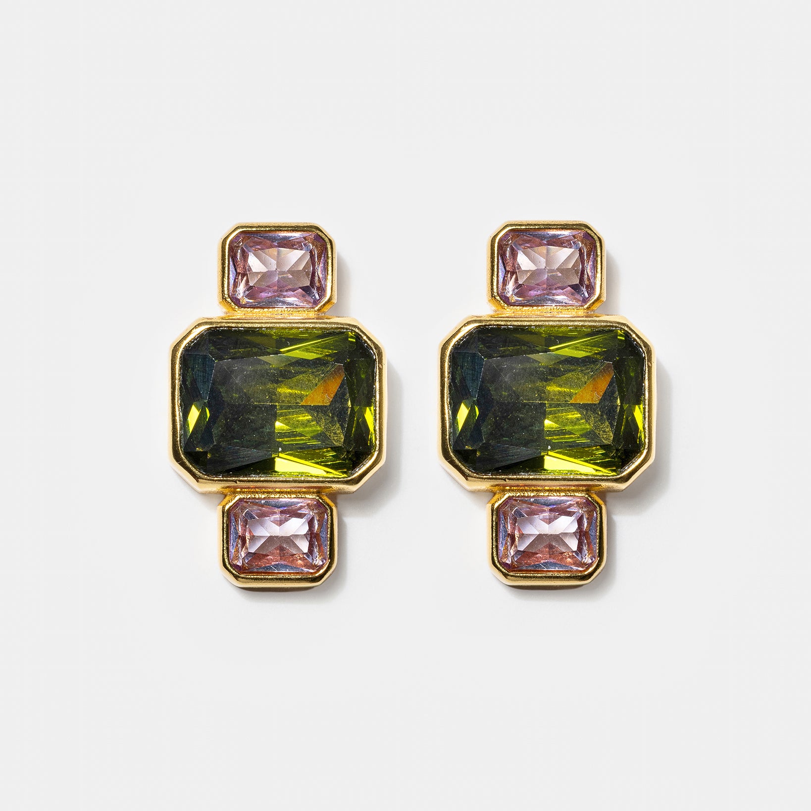 Gold geometric stud earrings with green and pink gemstones