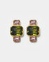 Gold geometric stud earrings with green and pink gemstones