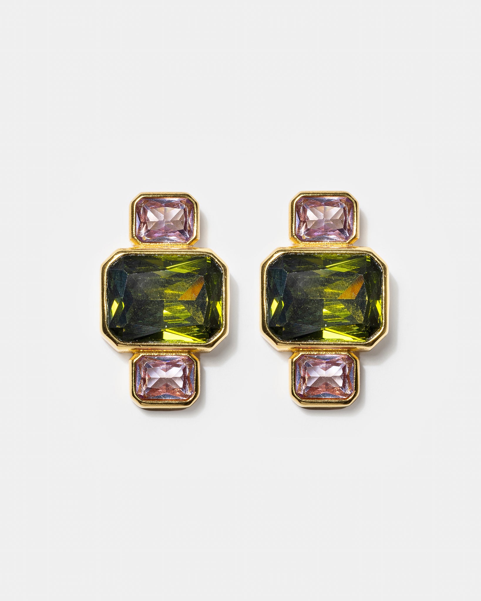 Gold geometric stud earrings with green and pink gemstones