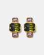 Gold geometric stud earrings with green and pink gemstones