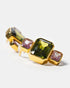 Side view of gold geometric gemstone earrings