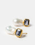 Gold drop earrings with baroque pearls and blue gemstones