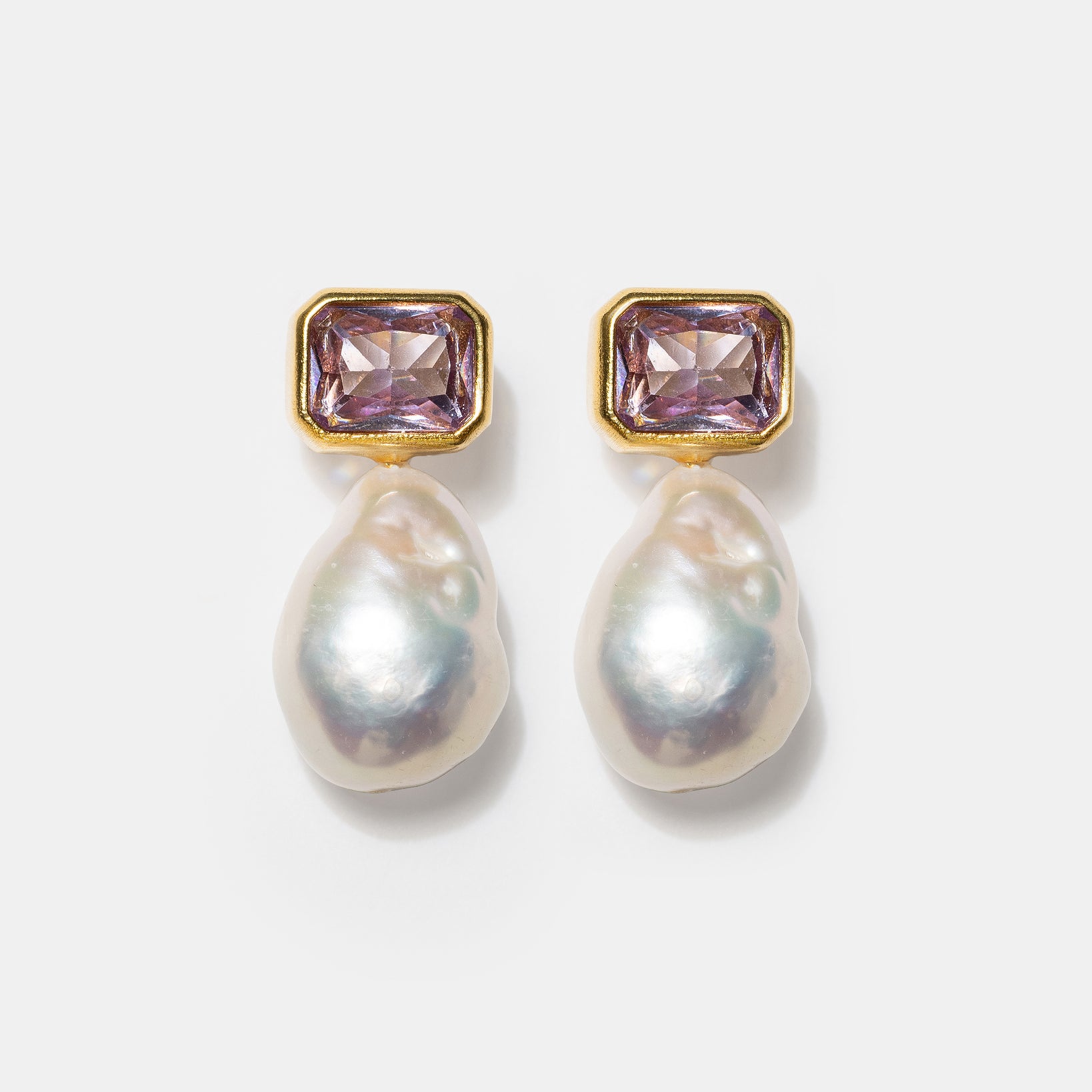 Gold pearl drop earrings with crystal gemstones