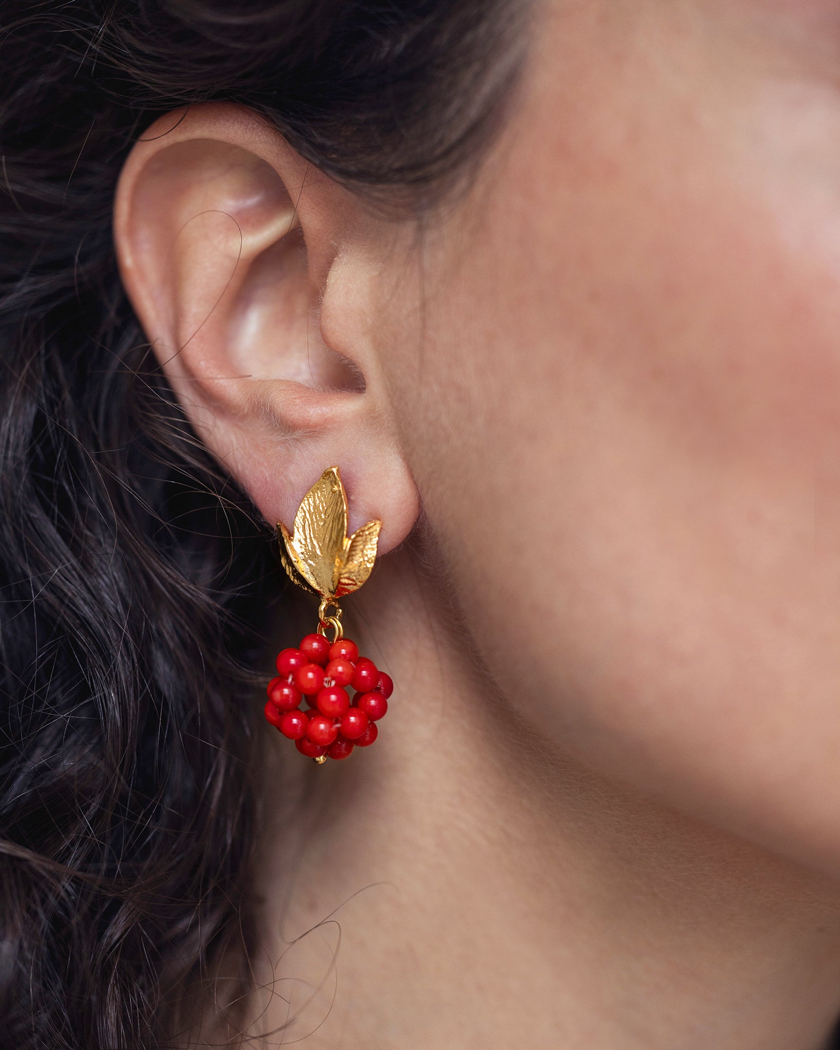 Berry Cluster Earrings with Gold Leaf Design