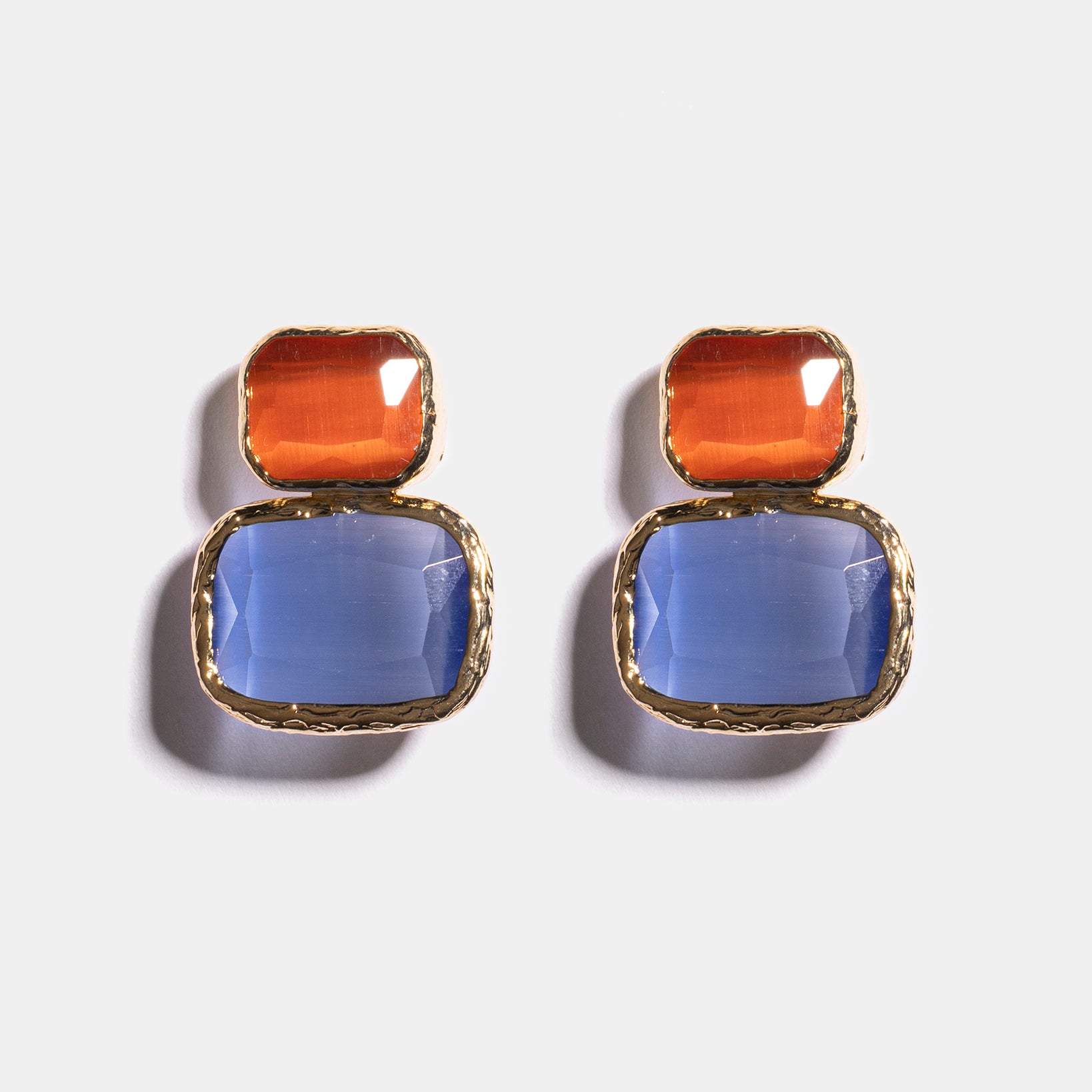 Gold Color Block Cat's Eye Earrings in Amber & Sky Blue