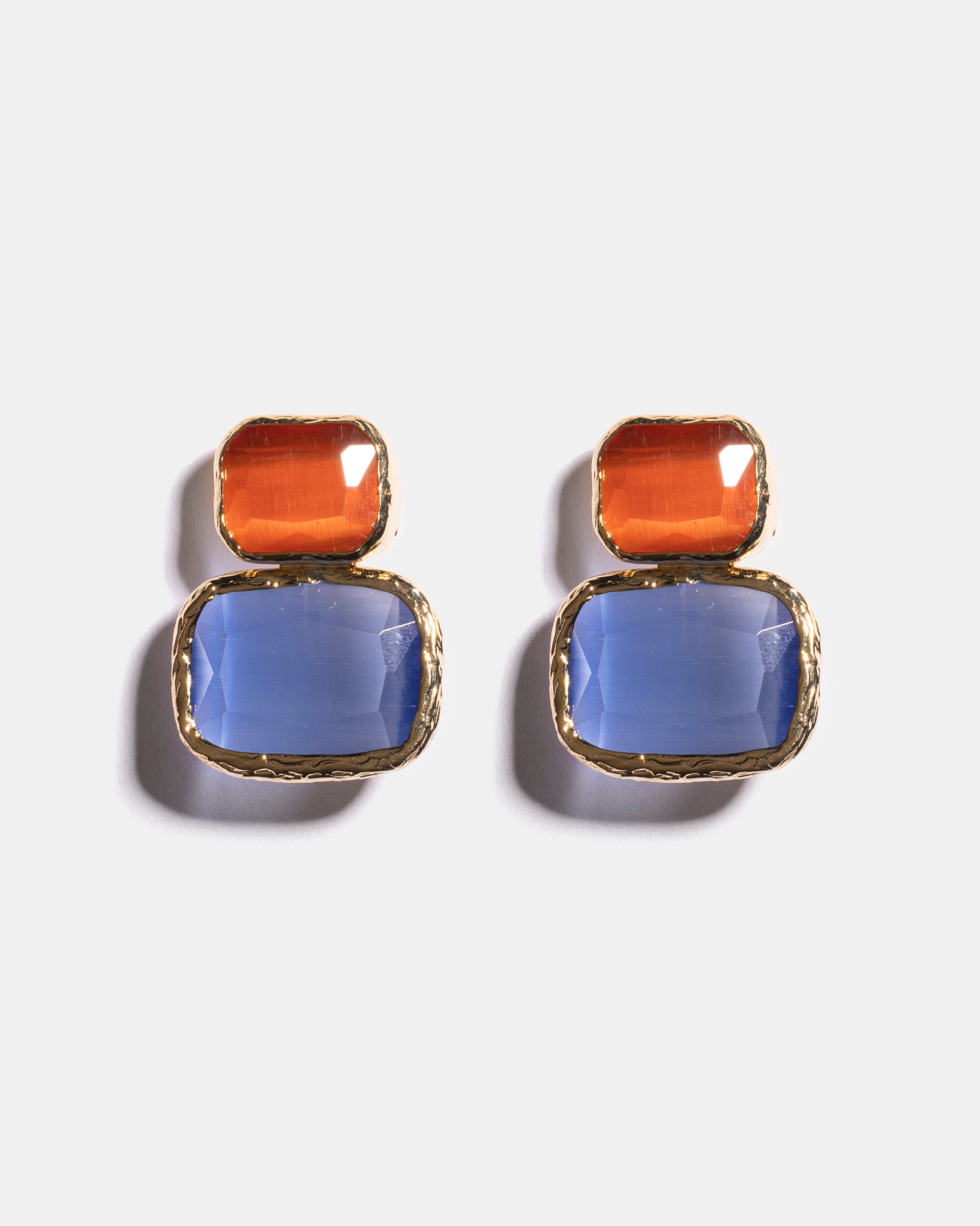 Gold Color Block Cat's Eye Earrings in Amber & Sky Blue