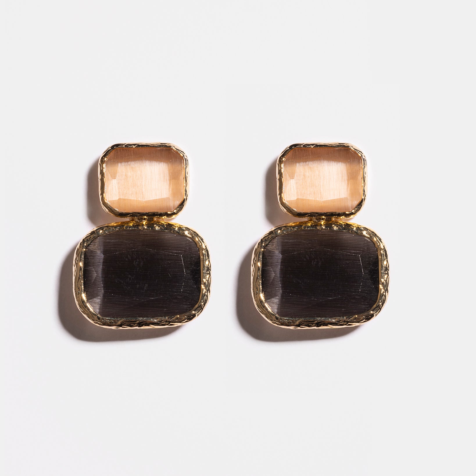 Gold Color Block Cat's Eye Earrings in Anthracite & Champagne