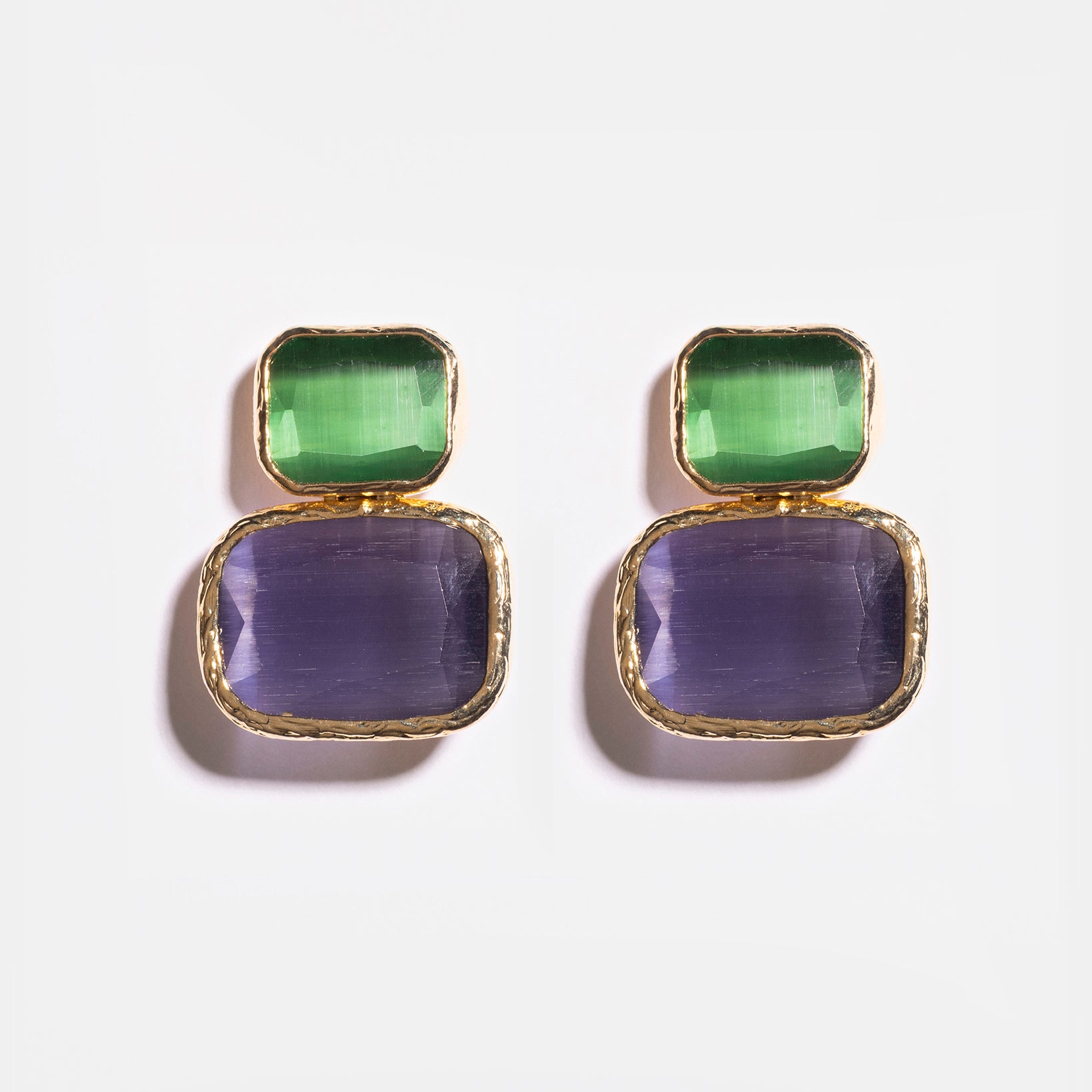 Gold Color Block Cat's Eye Earrings in Emerald & Purple
