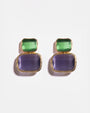 Gold Color Block Cat's Eye Earrings in Emerald & Purple