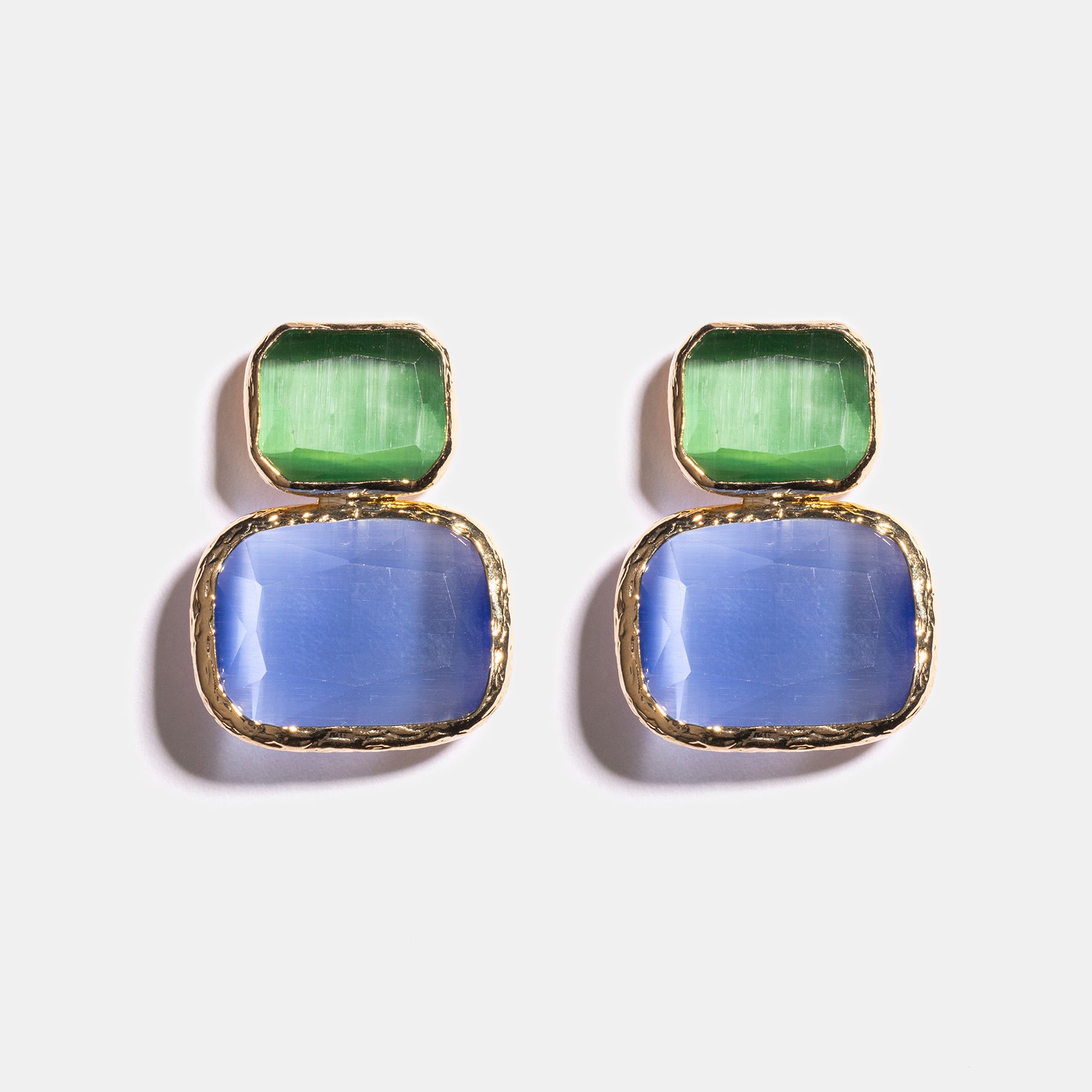 Gold Color Block Cat's Eye Earrings in Emerald & Sky Blue