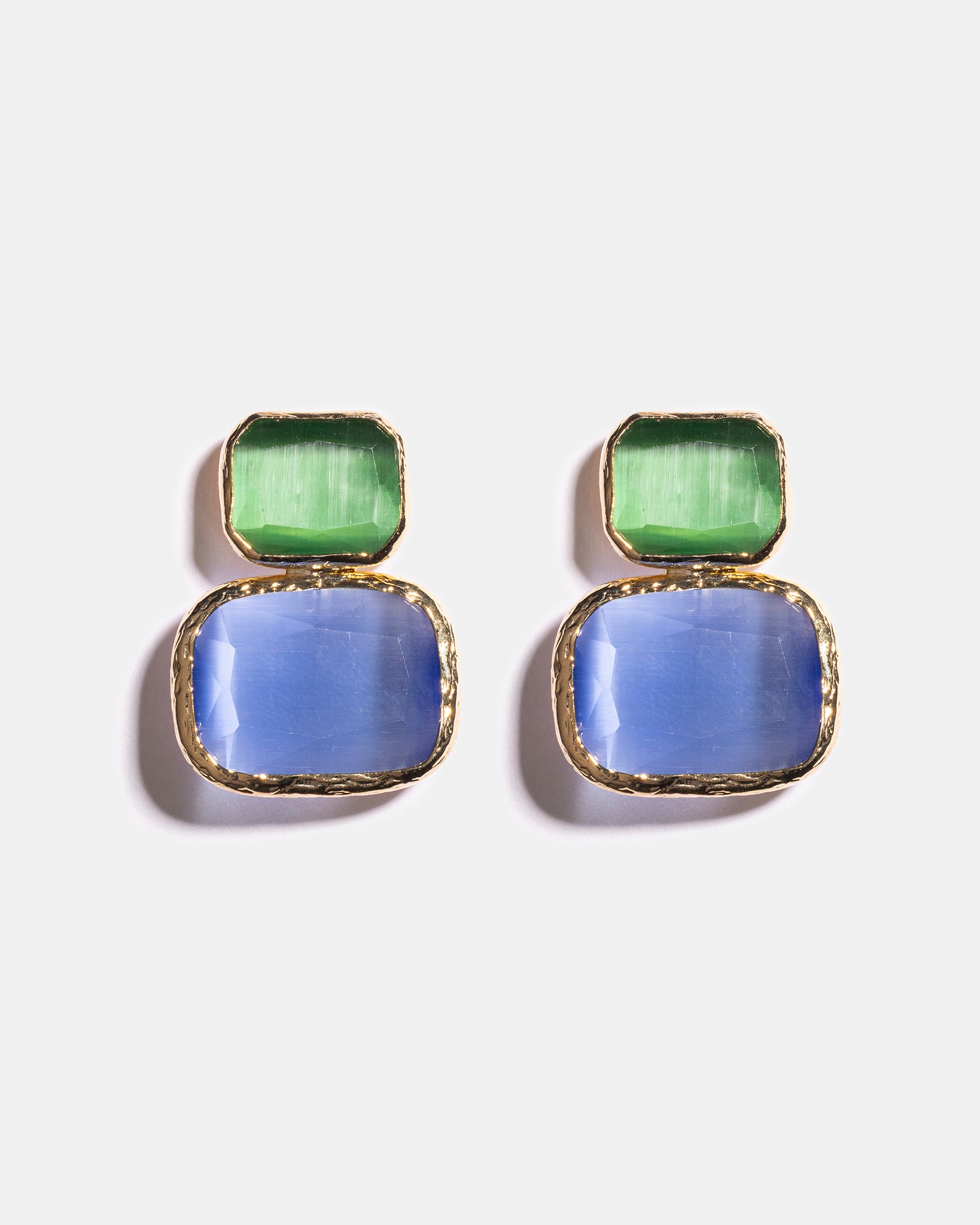 Gold Color Block Cat's Eye Earrings in Emerald & Sky Blue