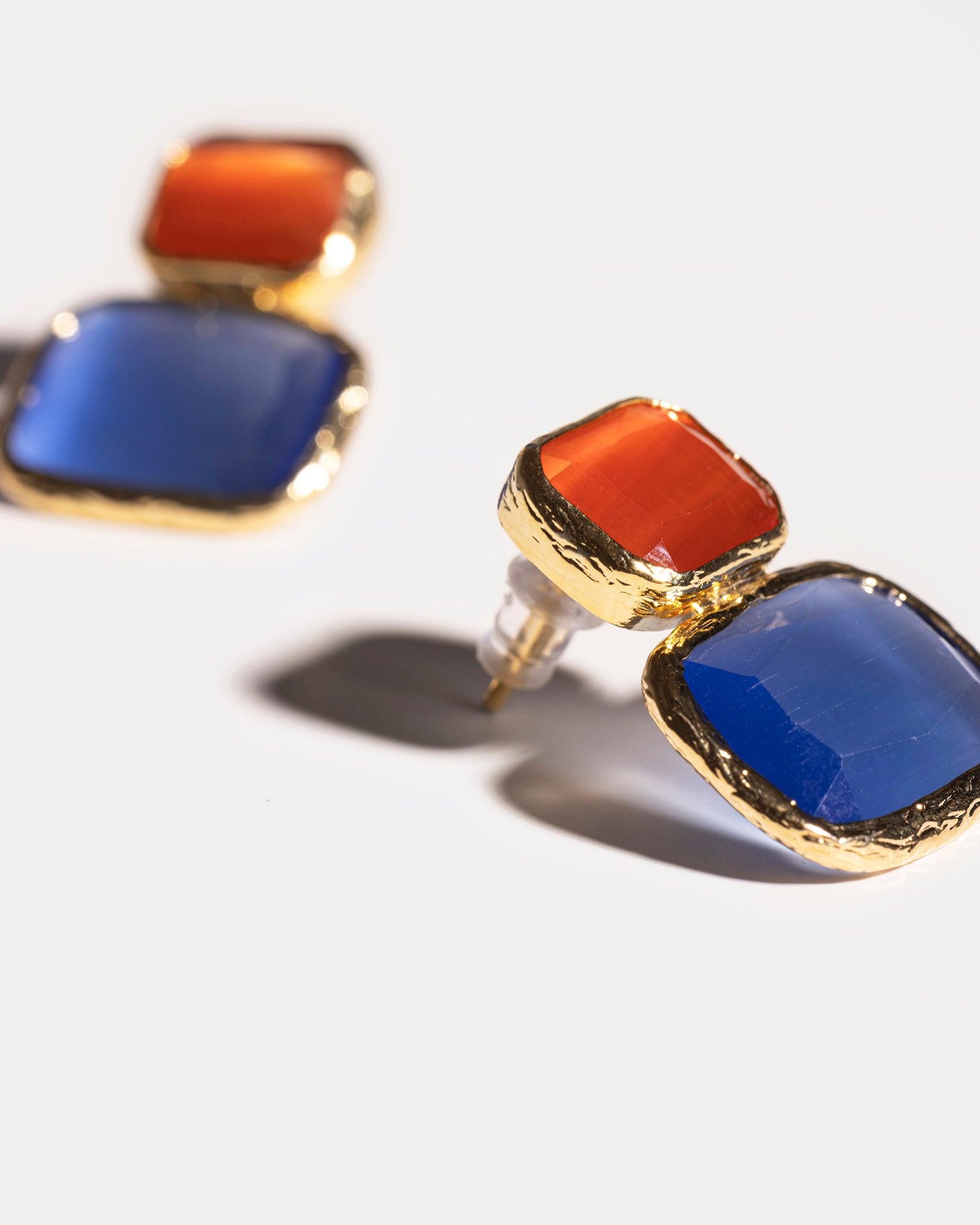 Gold Color Block Cat's Eye Earrings in Amber & Sky Blue