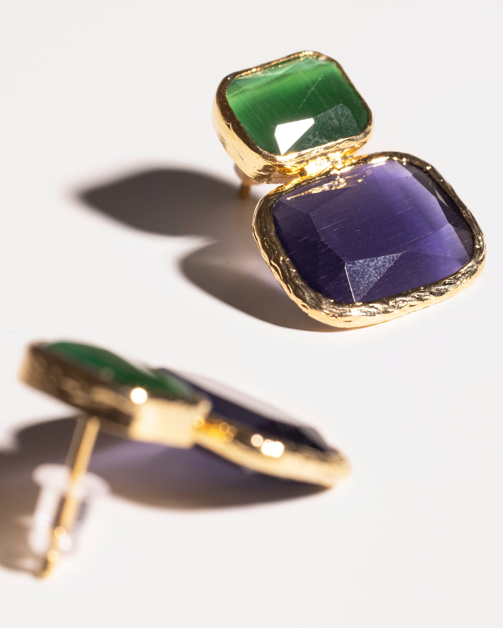 Gold Color Block Cat's Eye Earrings in Emerald & Purple