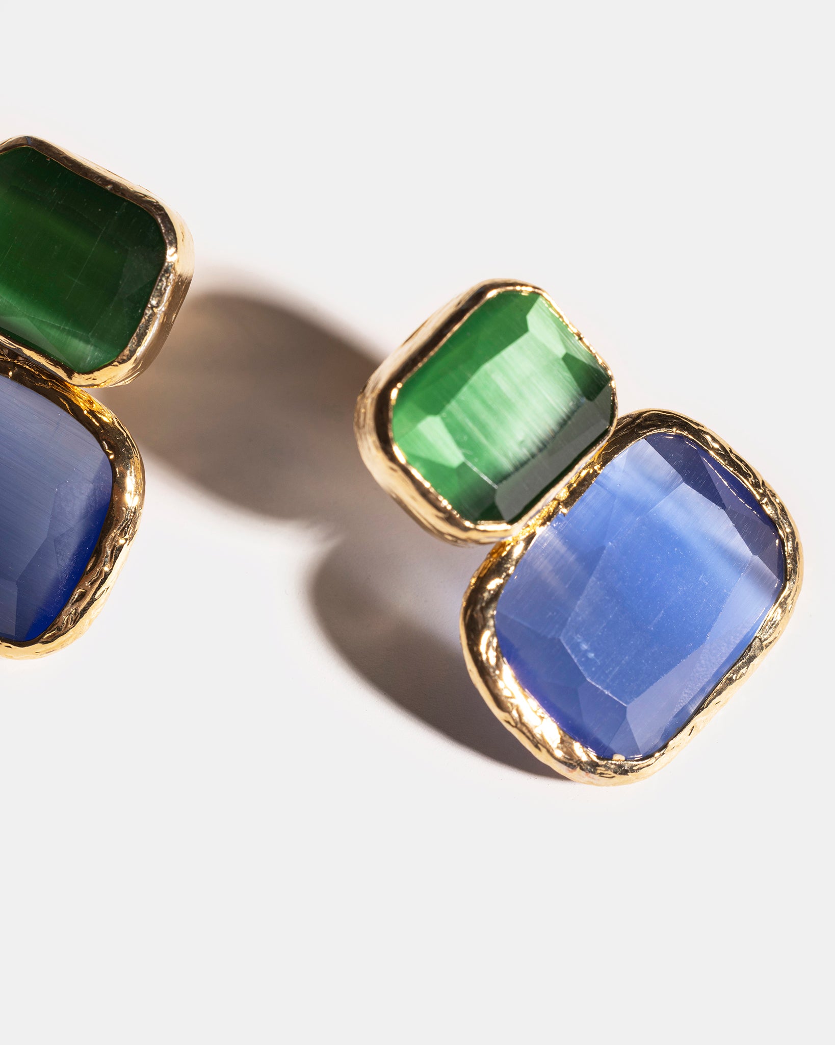 Gold Color Block Cat's Eye Earrings in Emerald & Sky Blue