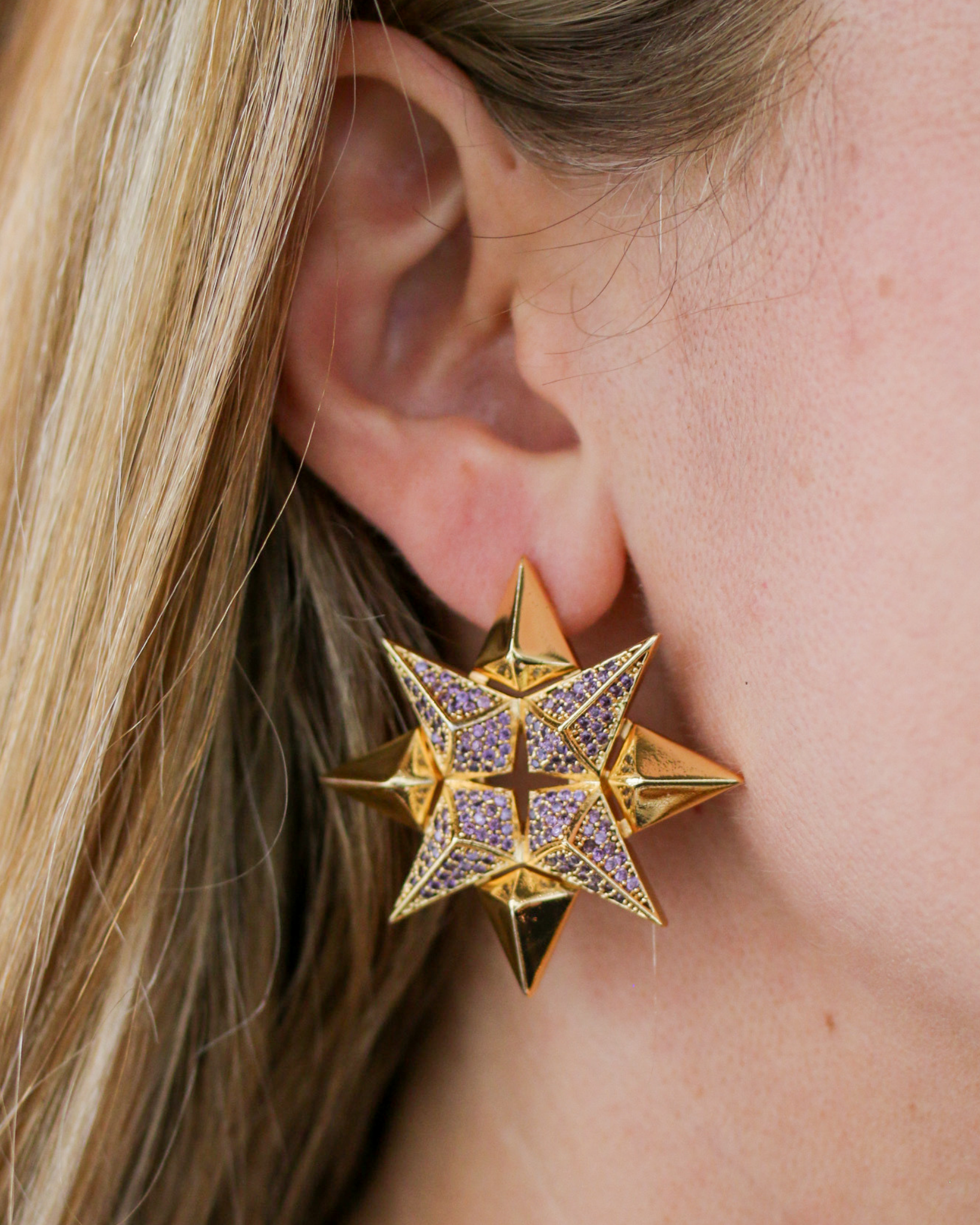 Gold Starburst Earrings in Amethyst