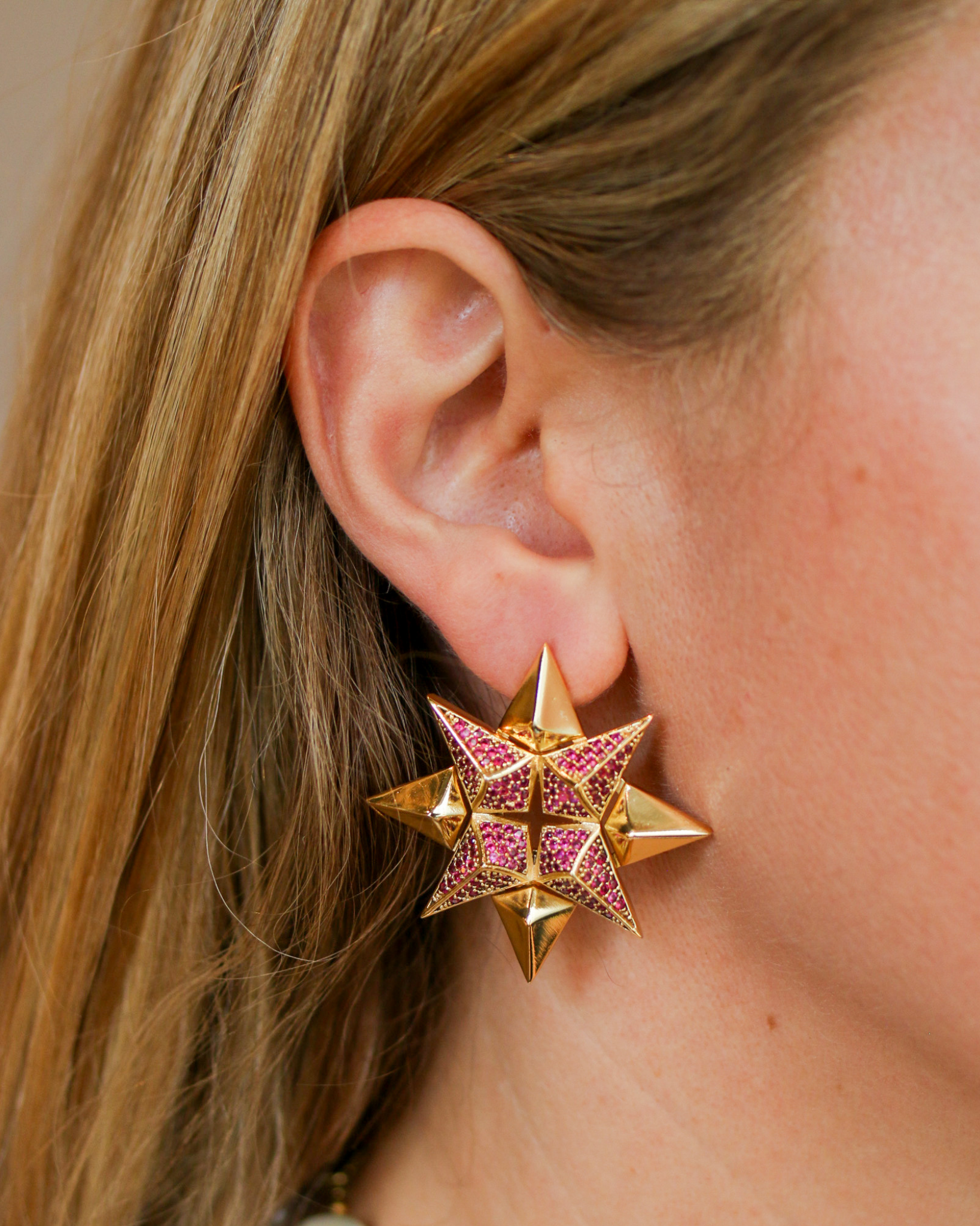 Gold Starburst Earrings in Ruby