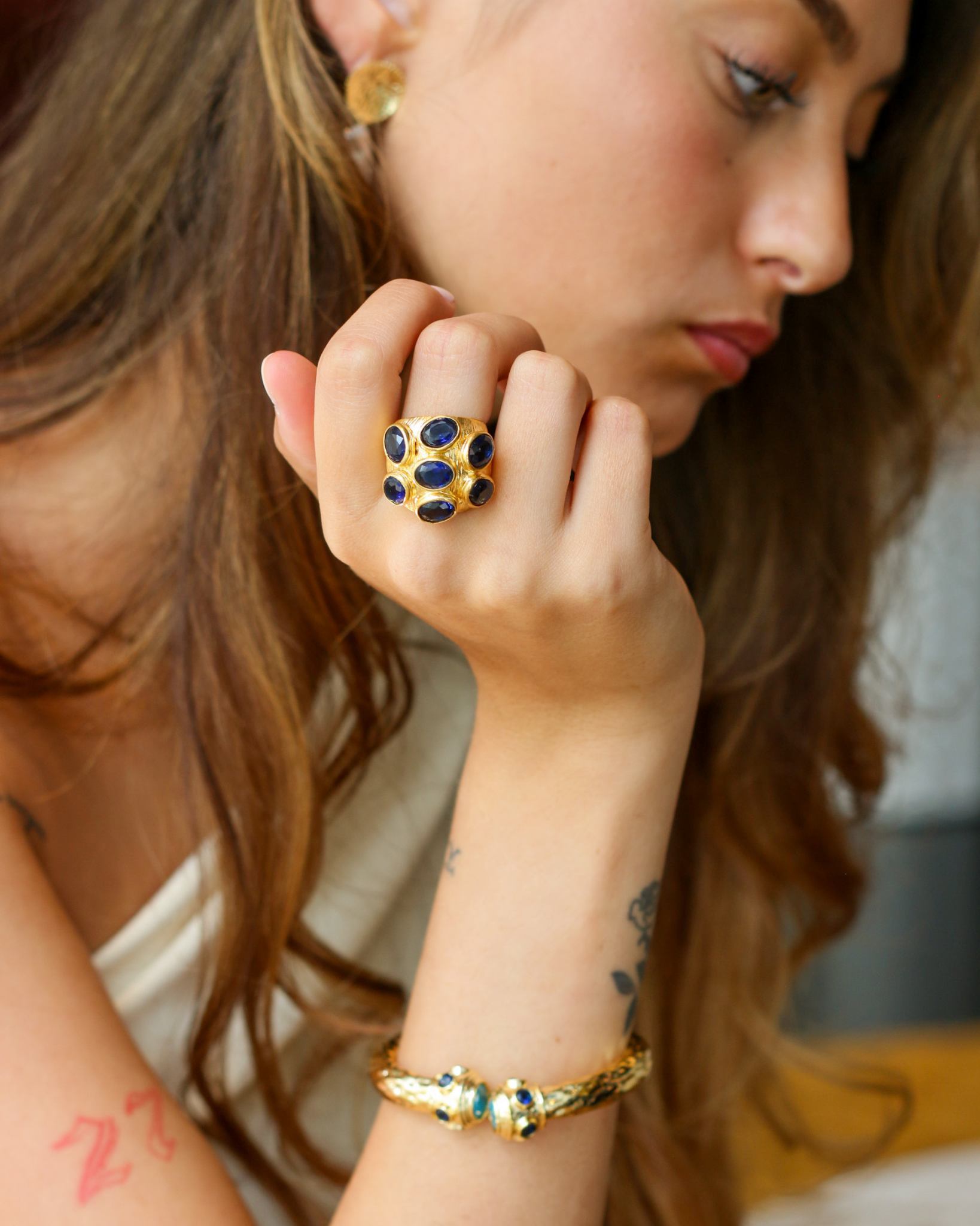 Gold Sapphire Multi-Gemstone Cocktail Ring