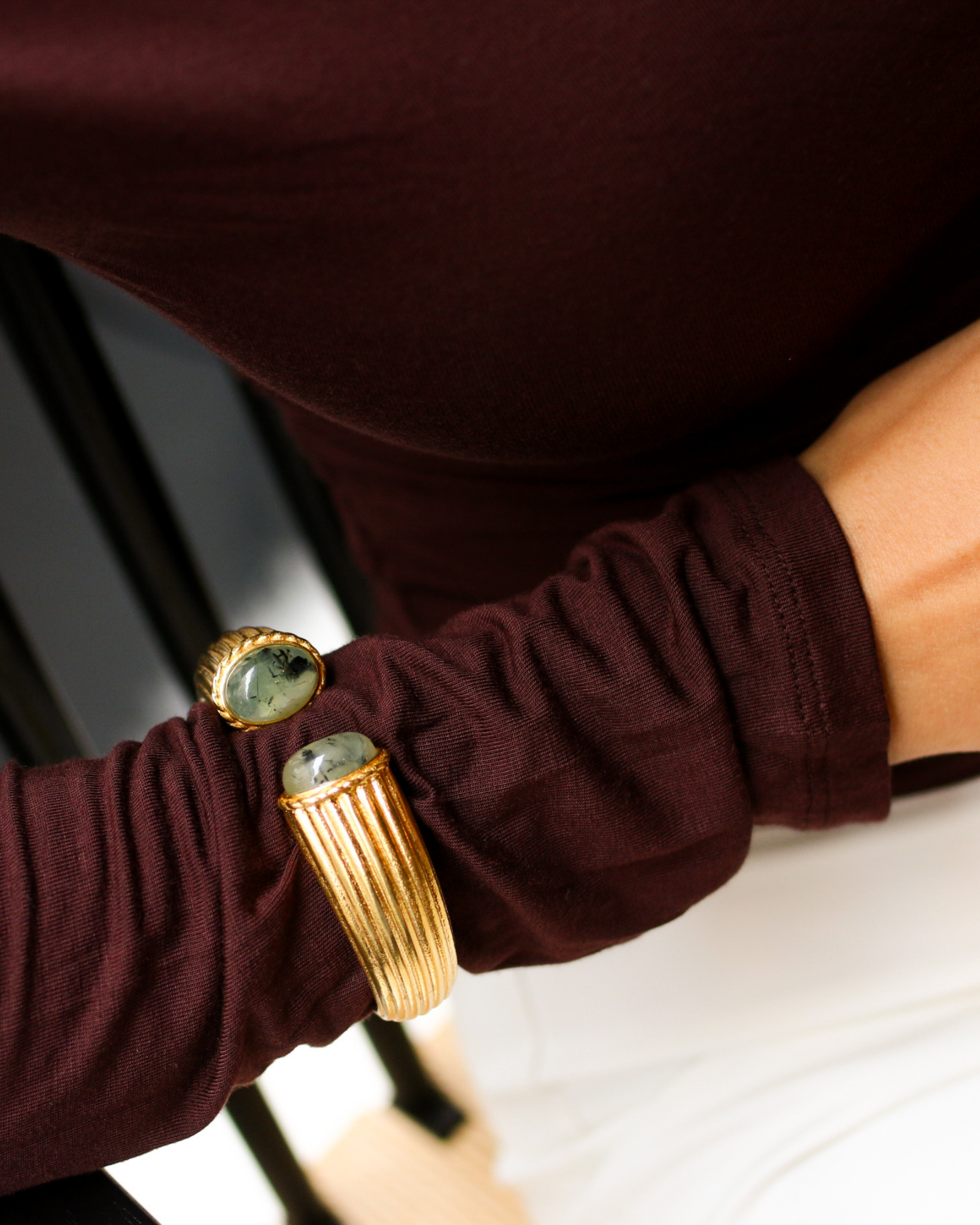 Gold Prehnite Cabochon Cuff Bracelet
