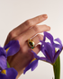Gold dome cocktail ring with multicolor gemstones and purple iris flowers