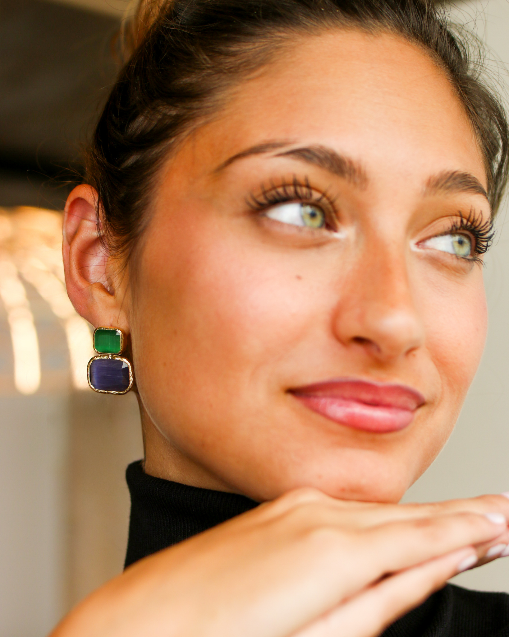 Gold Color Block Cat's Eye Earrings in Emerald & Purple