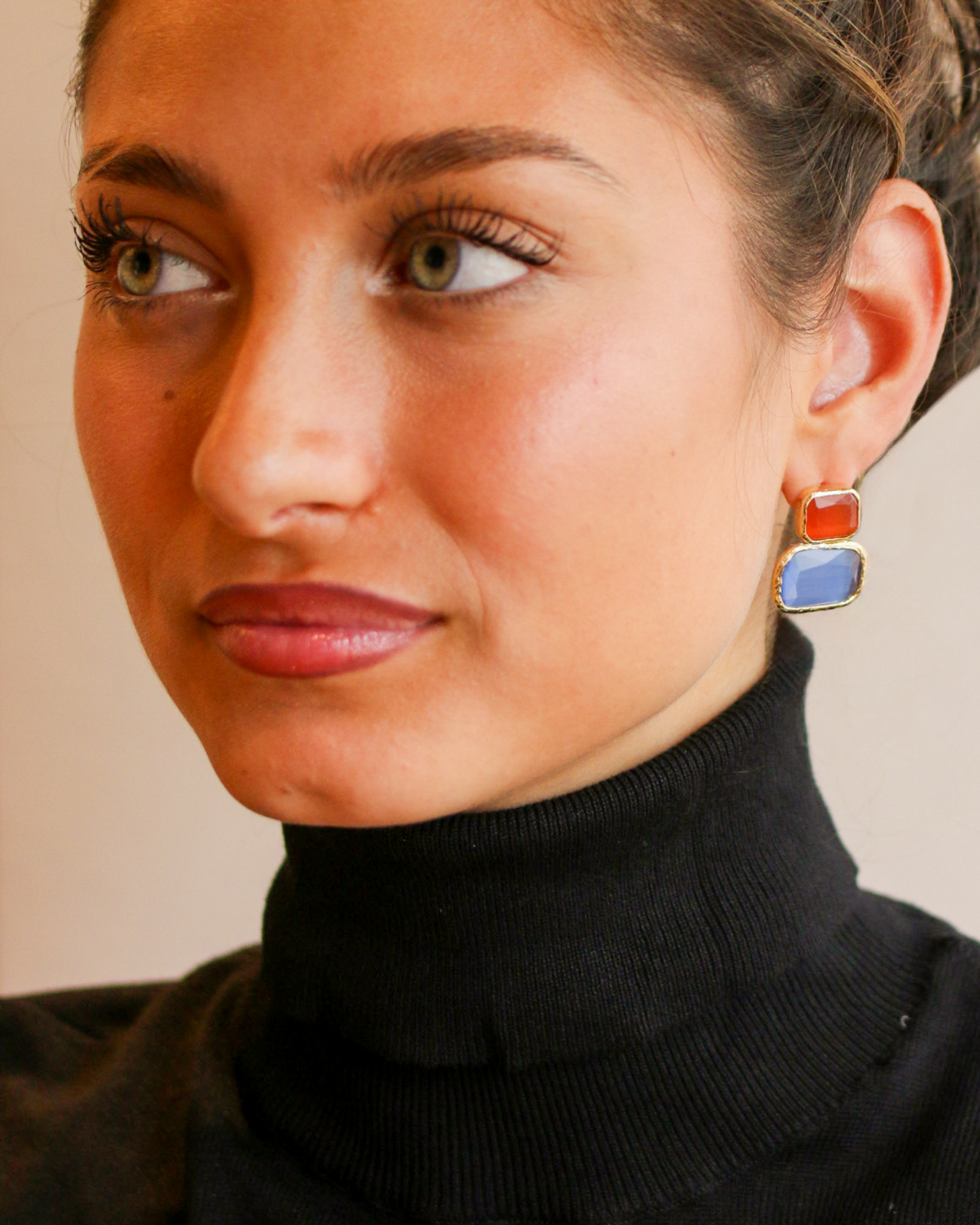 Gold Color Block Cat's Eye Earrings in Amber & Sky Blue