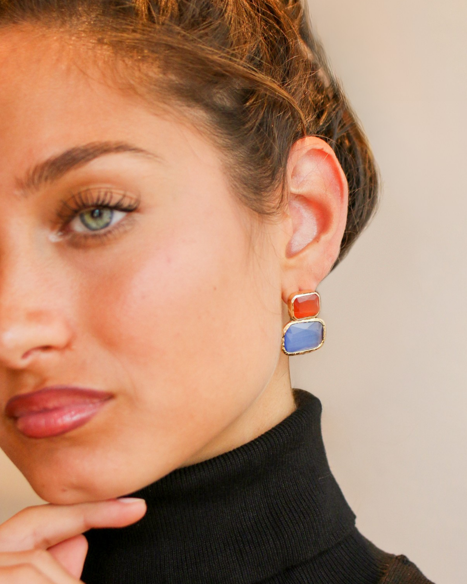 Gold Color Block Cat's Eye Earrings in Amber & Sky Blue