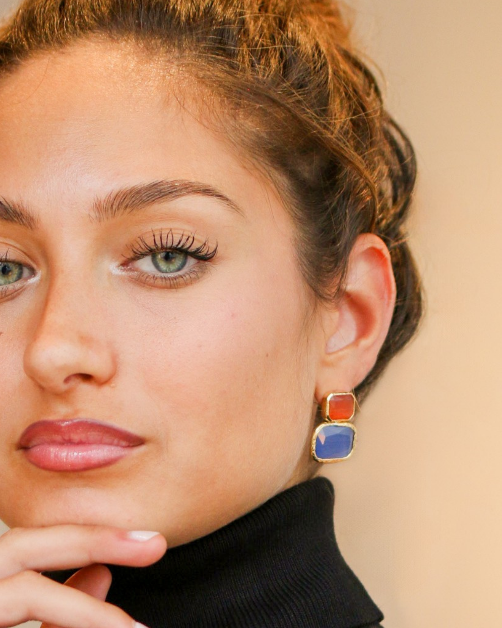 Gold Color Block Cat's Eye Earrings in Amber & Sky Blue