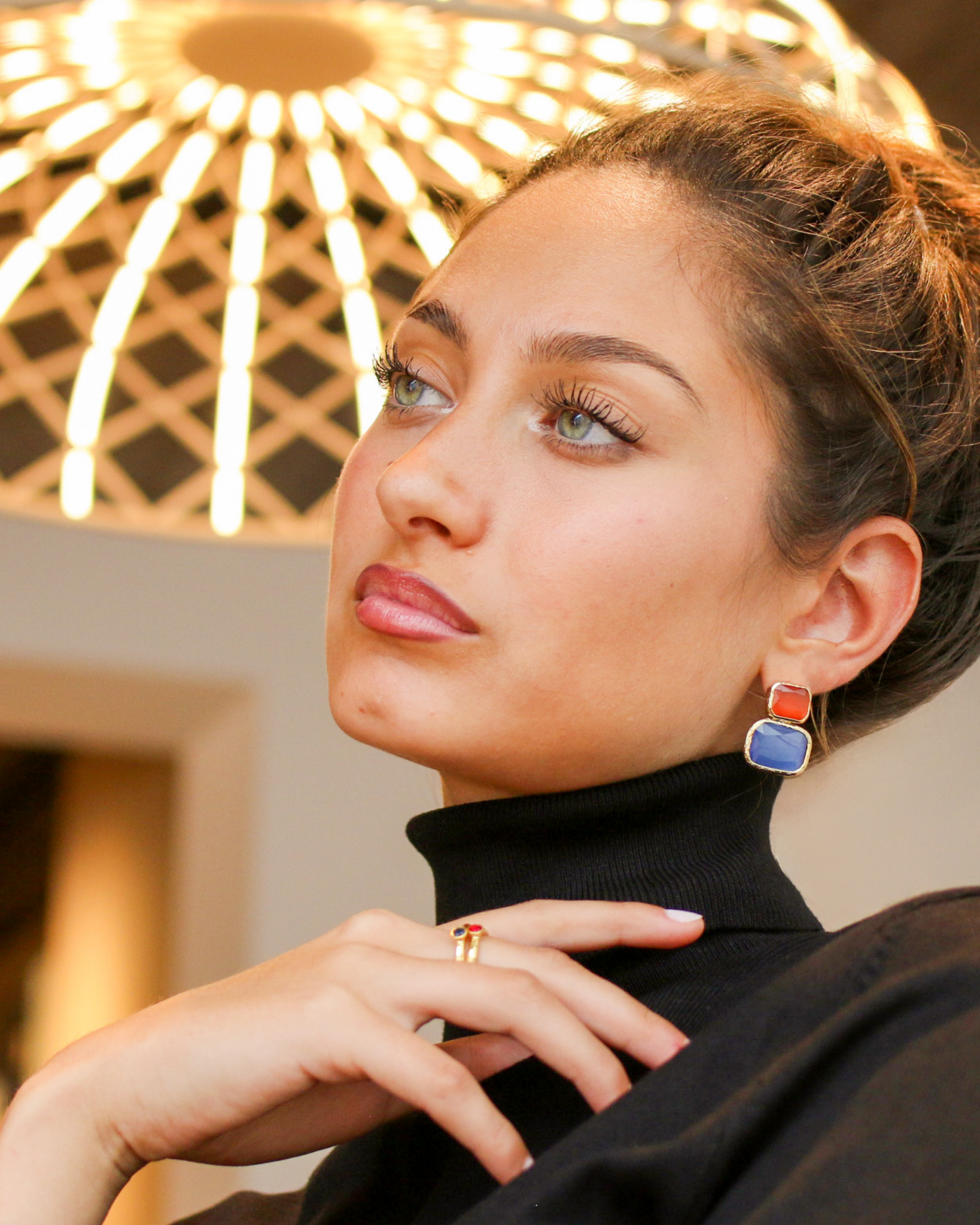 Gold Color Block Cat's Eye Earrings in Amber & Sky Blue